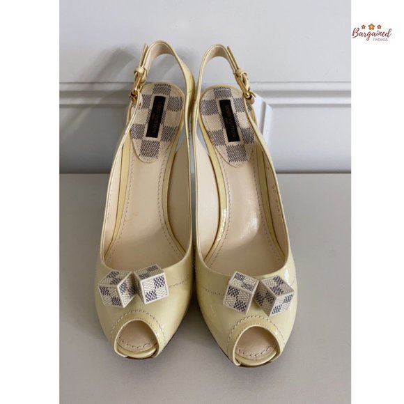 Authentic Louis Vuitton Ivory Patent Leather Dice Peep Toe Slingback Sandals 8.5 - Picture 4 of 14